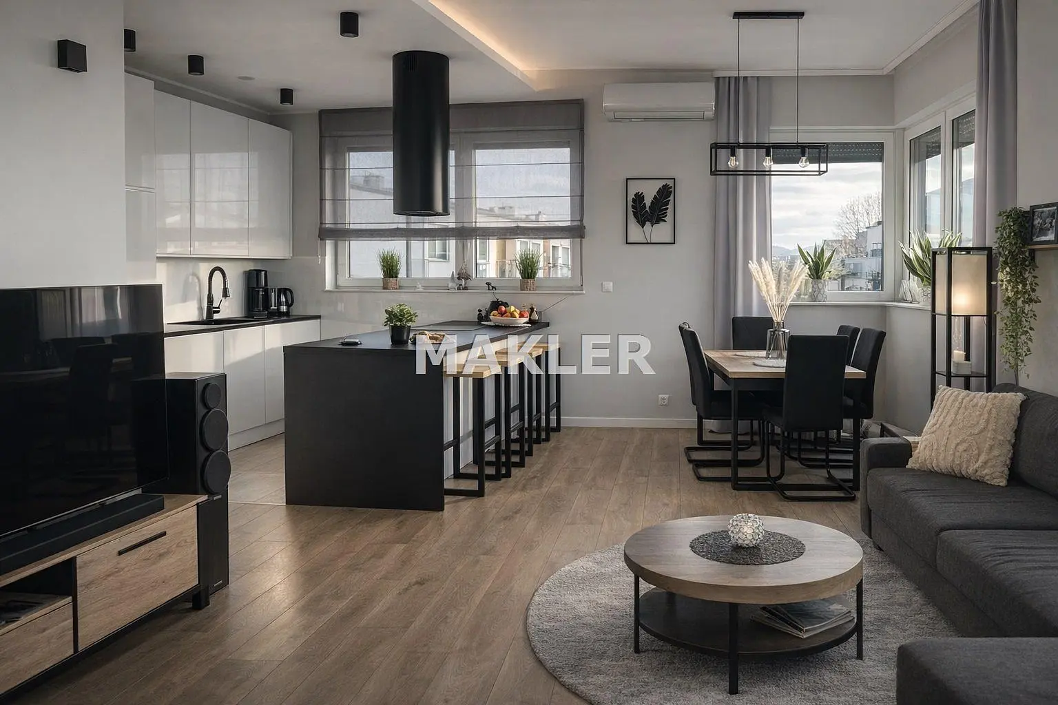 Salon; podłoga drewniana, światło dzienne, styl nowoczesny, wysokie sufity