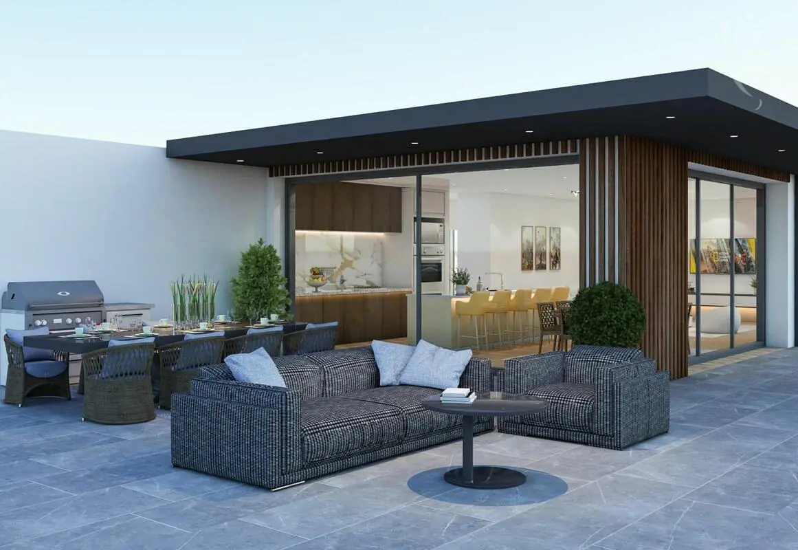 Woonkamer; houten vloer, natuurlijk licht, moderne stijl, hoge plafonds