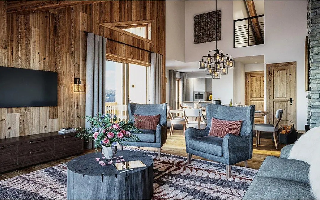Wohnzimmer; holzboden, tageslicht, moderner stil, hohe decken