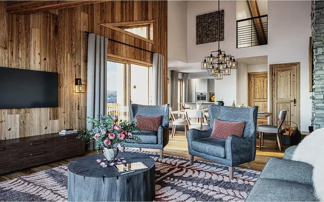 Wohnzimmer; holzboden, tageslicht, moderner stil, hohe decken