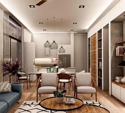 Kitchen; kitchen appliances, wood floor, natural light, modern style, renovated