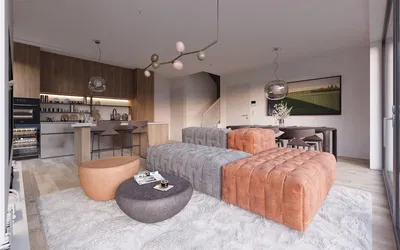 Wohnzimmer; holzboden, tageslicht, moderner stil, hohe decken