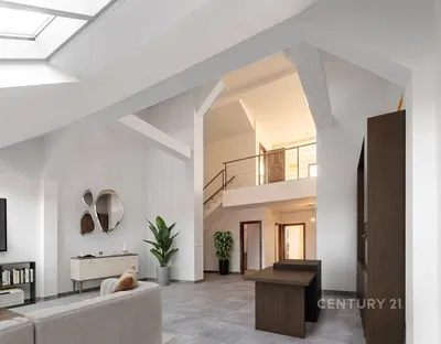 Living room; wood floor, natural light, modern style, high ceiling