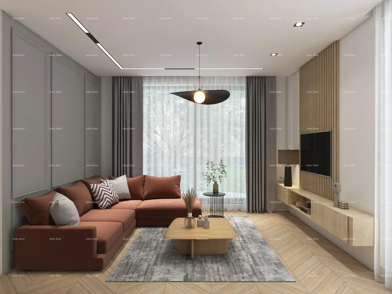 Wohnzimmer; holzboden, tageslicht, moderner stil, hohe decken