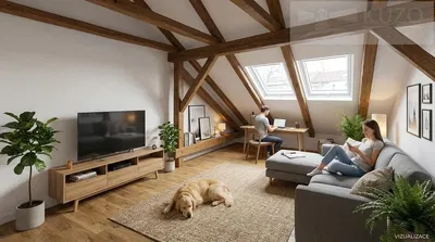 Wohnzimmer; holzboden, tageslicht, moderner stil, hohe decken