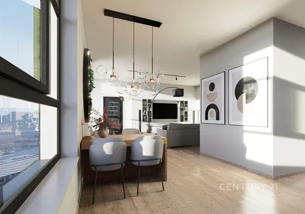 Living room; wood floor, natural light, modern style, high ceiling