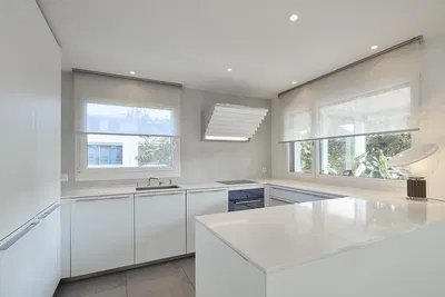 Kitchen; kitchen appliances, wood floor, natural light, modern style, renovated