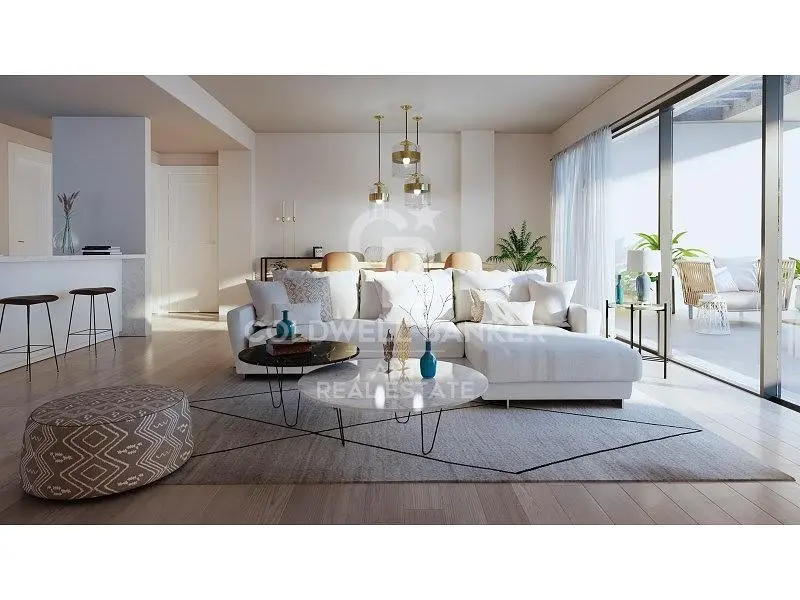 Wohnzimmer; holzboden, tageslicht, moderner stil, hohe decken