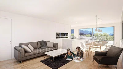 Wohnzimmer; holzboden, tageslicht, moderner stil, hohe decken