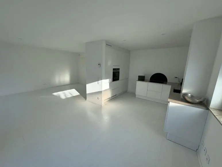 Woonkamer; houten vloer, natuurlijk licht, moderne stijl, hoge plafonds