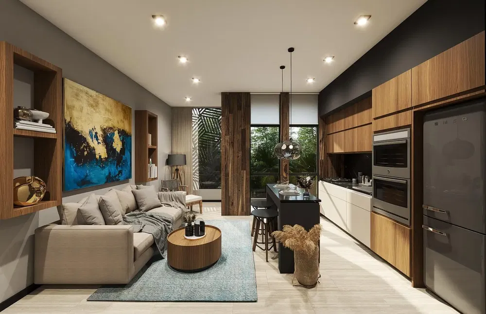 Woonkamer; houten vloer, natuurlijk licht, moderne stijl, hoge plafonds