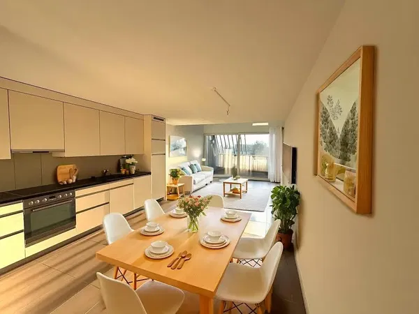 Кухня; кухненски уреди, дървен под, естествена светлина, модерен стил, ремонтиран