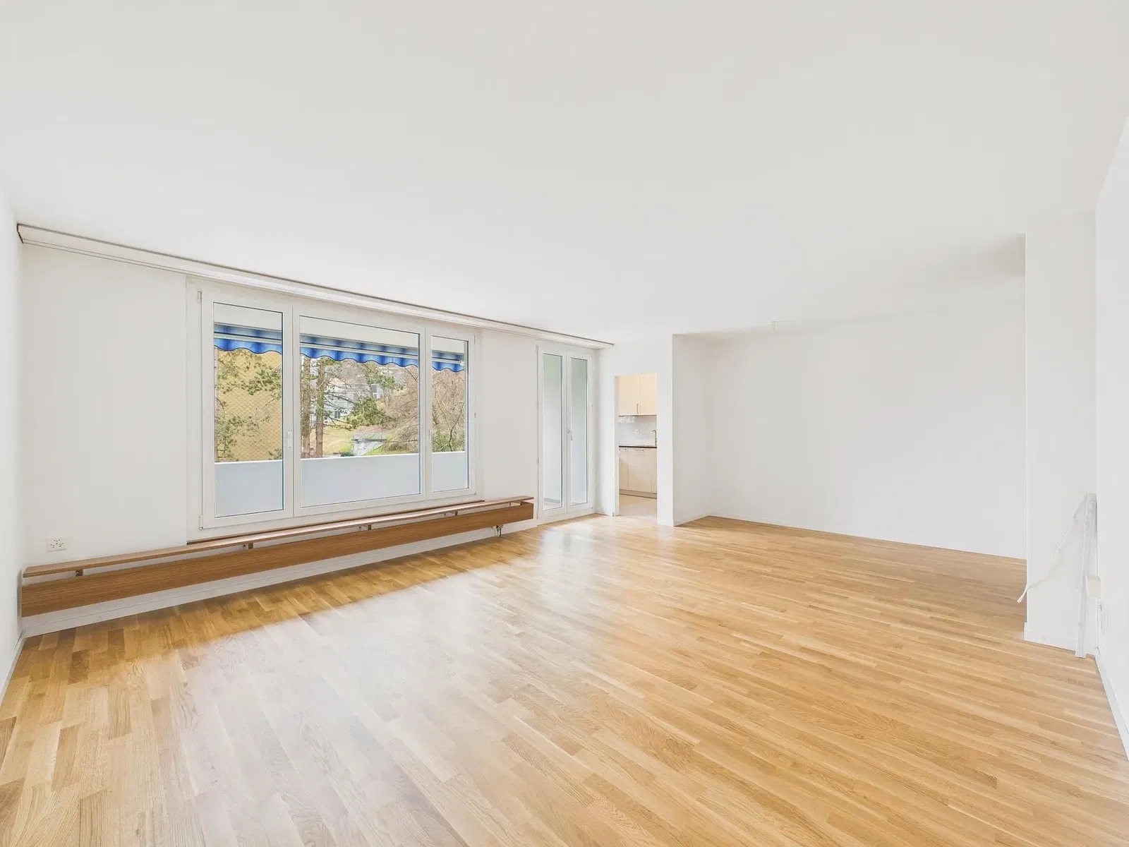 Dnevni boravak; drveni pod, prirodna svjetlost, moderan stil, visoki stropovi