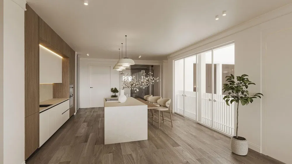 Salón; suelo de madera, luz natural, estilo moderno, techos altos