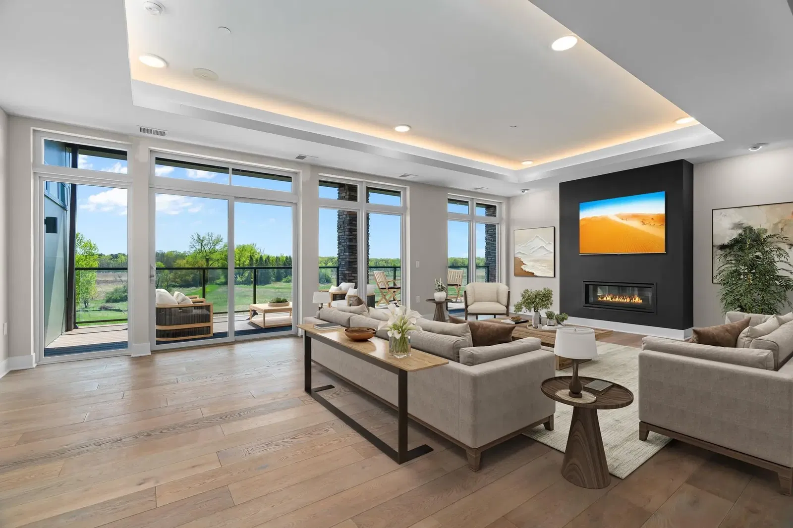 Living room; wood floor, natural light, modern style, high ceiling