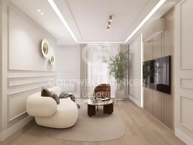 Salon; parquet, lumière naturelle, style moderne, hauteur sous plafond