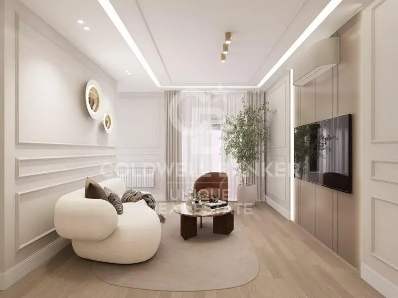 Wohnzimmer; holzboden, tageslicht, moderner stil, hohe decken