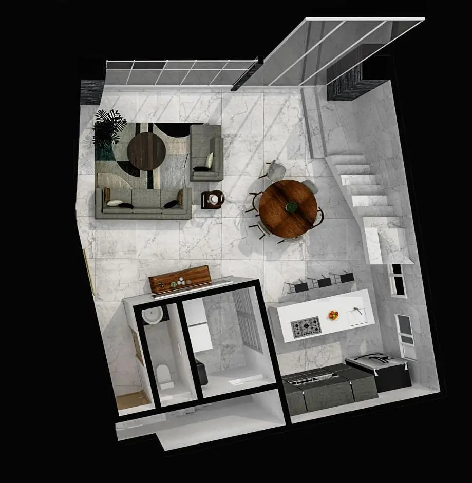 Salon; parquet, lumière naturelle, style moderne, hauteur sous plafond