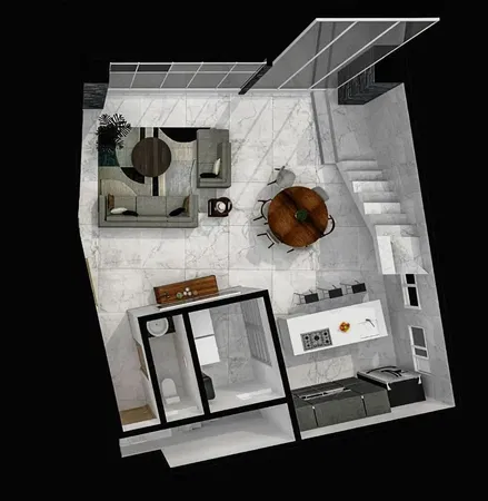 Salon; parquet, lumière naturelle, style moderne, hauteur sous plafond