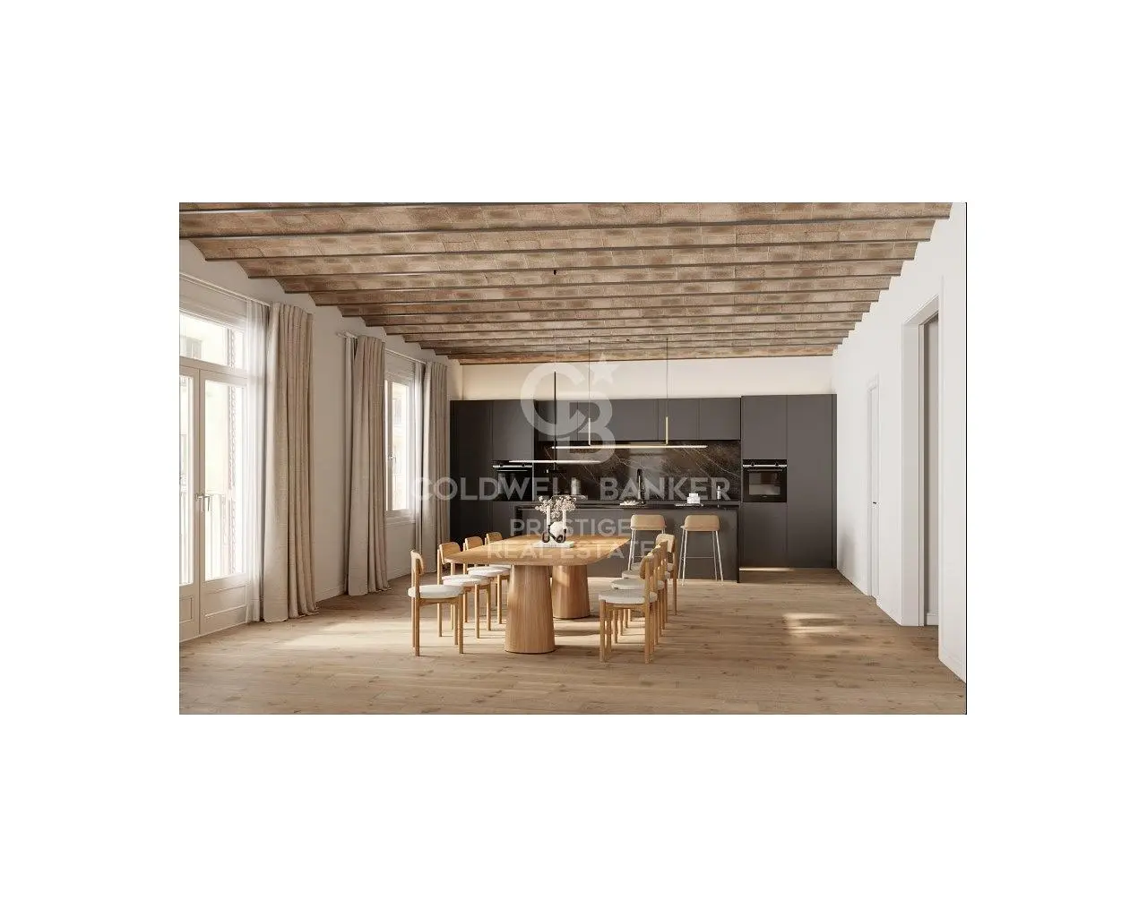 Wohnzimmer; holzboden, tageslicht, moderner stil, hohe decken
