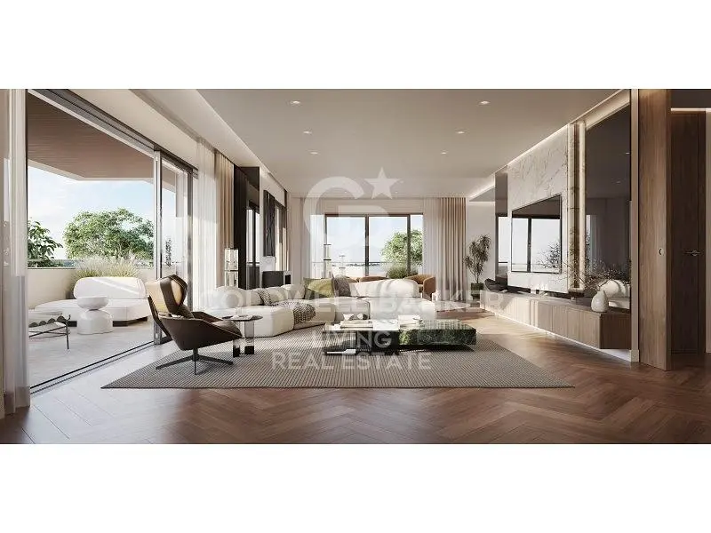 Salon; parquet, lumière naturelle, style moderne, hauteur sous plafond