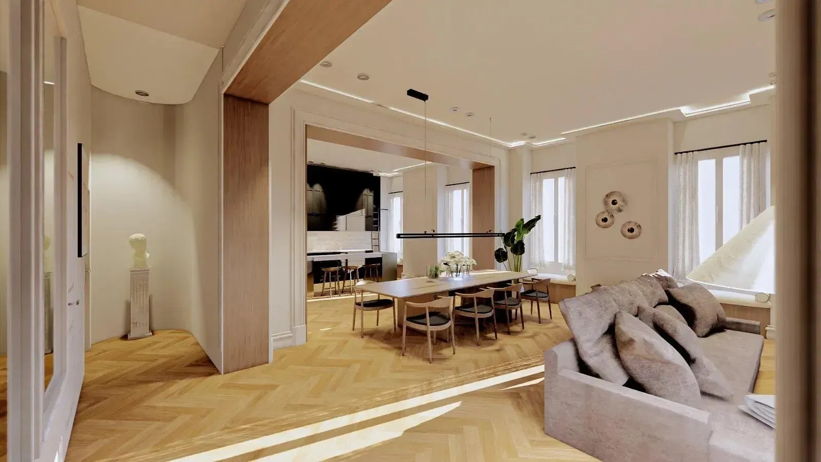 Salon; parquet, lumière naturelle, style moderne, hauteur sous plafond