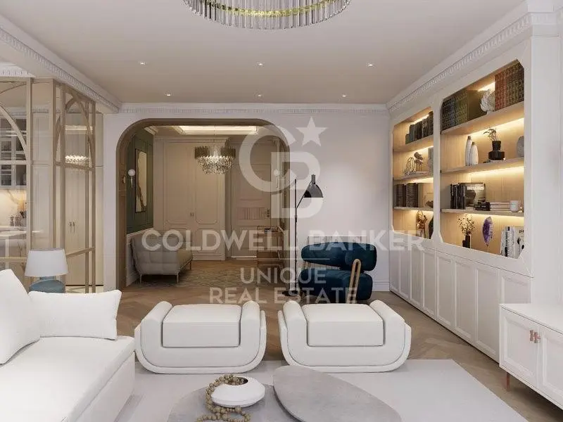 Obývací pokoj; dřevěná podlaha, přirozené světlo, moderní styl, vysoké stropy