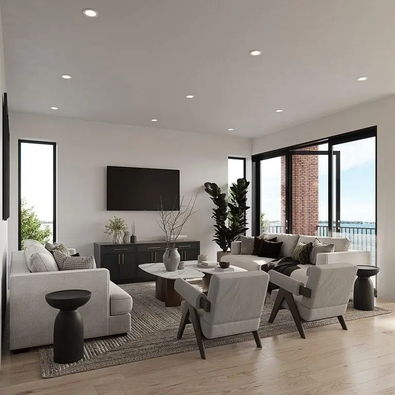 Woonkamer; houten vloer, natuurlijk licht, moderne stijl, hoge plafonds