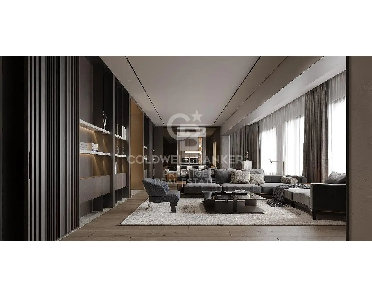 Living room; wood floor, natural light, modern style, high ceiling