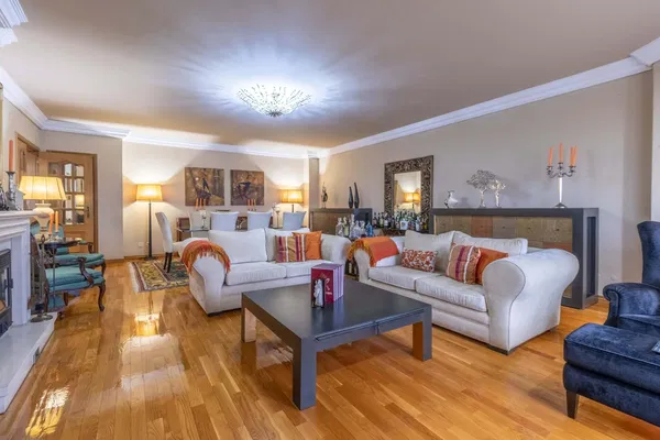 Wohnzimmer; holzboden, tageslicht, moderner stil, hohe decken