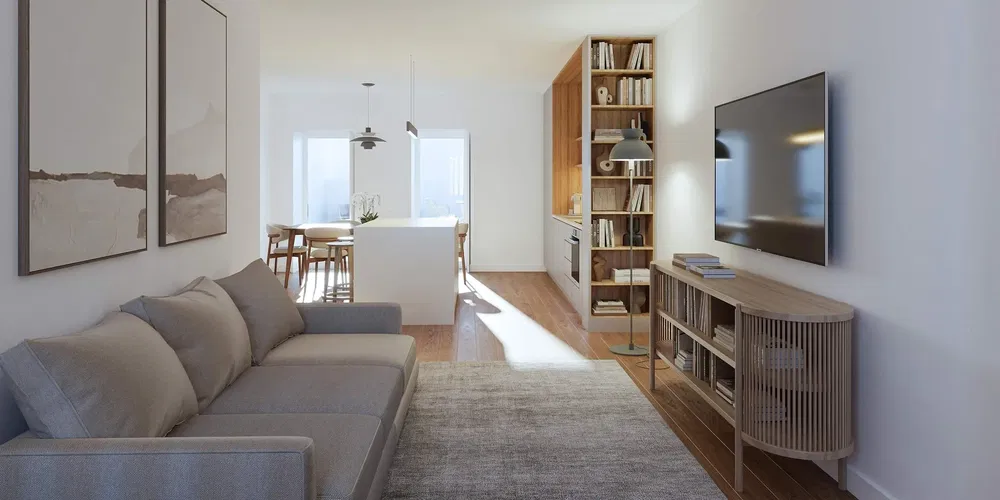 Kitchen; kitchen appliances, wood floor, natural light, modern style, renovated