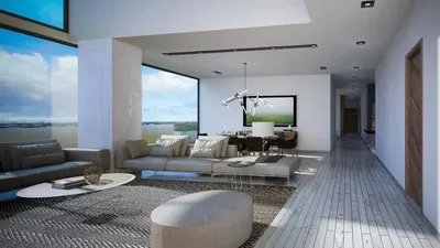 Salon; parquet, lumière naturelle, style moderne, hauteur sous plafond