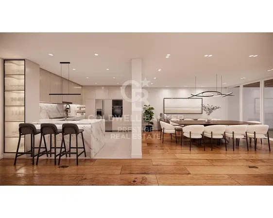 Keuken; keukenapparatuur, houten vloer, natuurlijk licht, moderne stijl