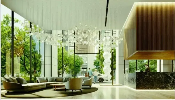 Salon; parquet, lumière naturelle, style moderne, hauteur sous plafond