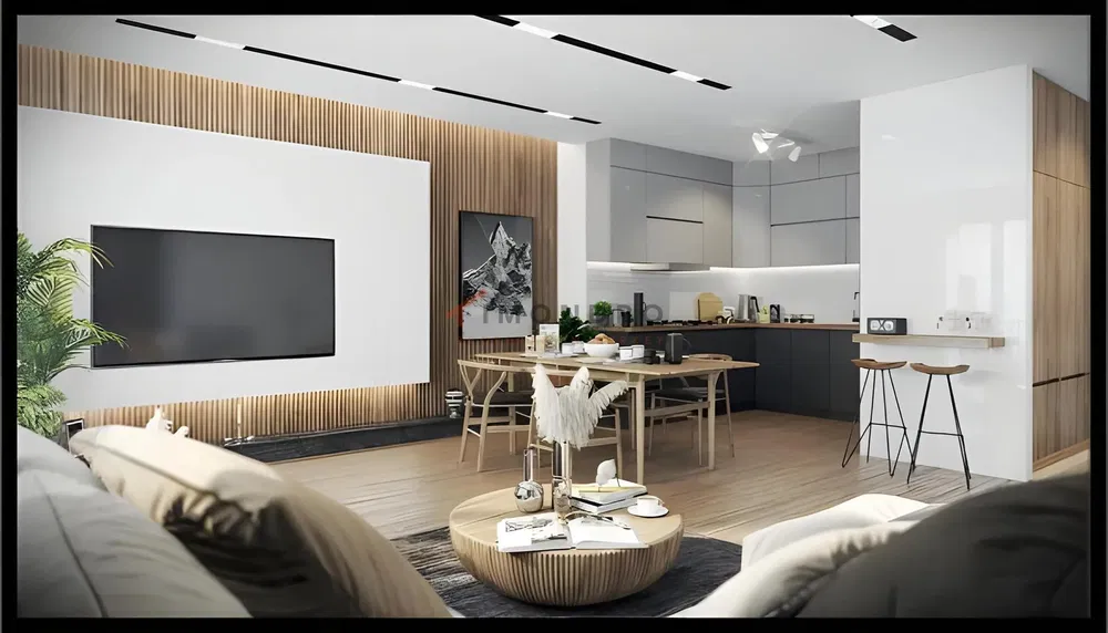 Woonkamer; houten vloer, natuurlijk licht, moderne stijl, hoge plafonds