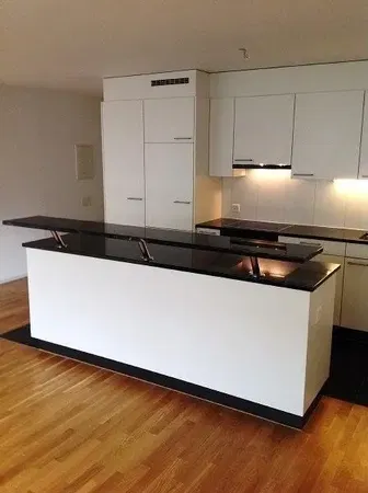 Keuken; keukenapparatuur, houten vloer, natuurlijk licht, moderne stijl, gerenoveerd