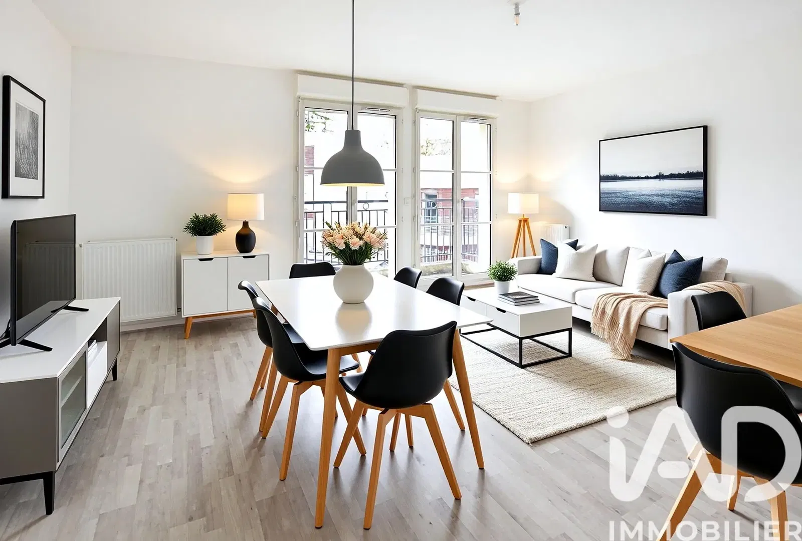 Salón; suelo de madera, luz natural, estilo moderno, techos altos