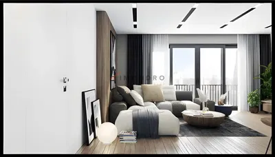 Living room; wood floor, natural light, modern style, high ceiling