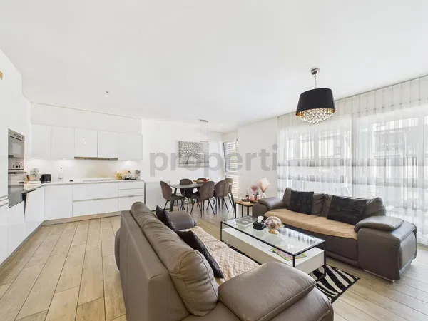 Living room; wood floor, natural light, modern style, high ceiling