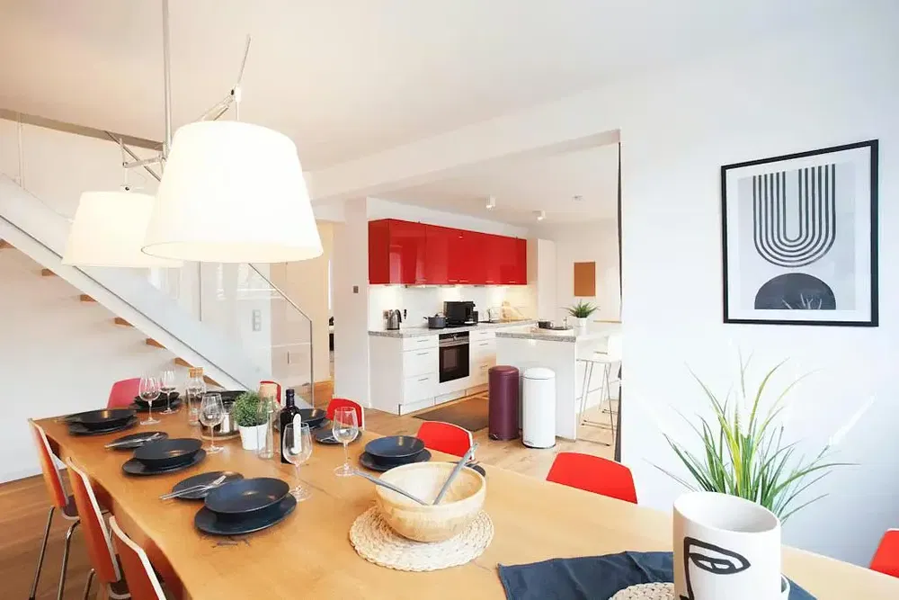 Kitchen; kitchen appliances, wood floor, natural light, modern style, renovated