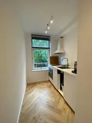 Woonkamer; houten vloer, natuurlijk licht, moderne stijl, hoge plafonds