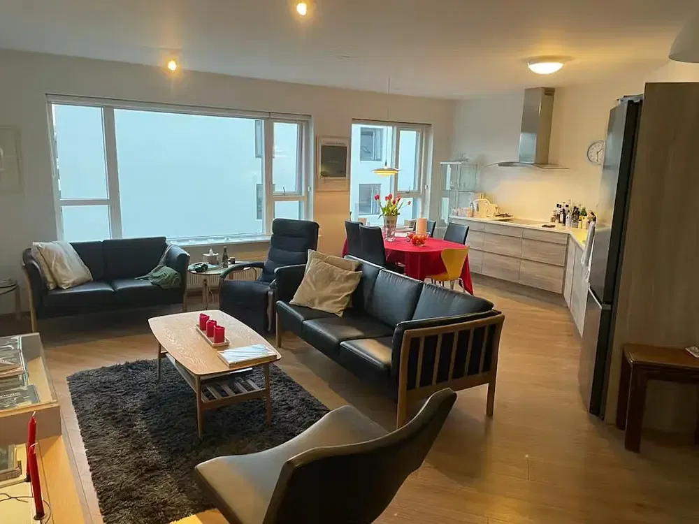 Salon; parquet, lumière naturelle, style moderne, hauteur sous plafond