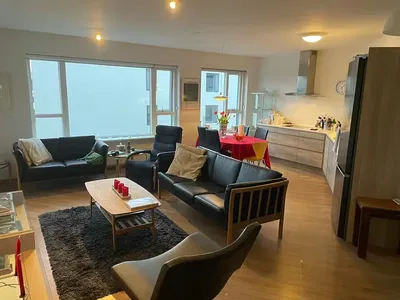 Salon; parquet, lumière naturelle, style moderne, hauteur sous plafond