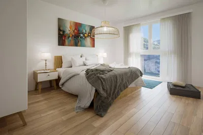 Living room; wood floor, natural light, modern style, high ceiling