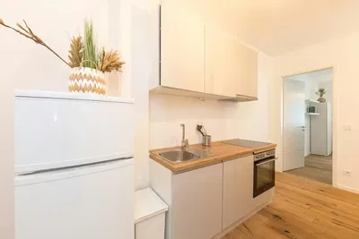 Кухня; кухненски уреди, дървен под, естествена светлина, модерен стил, ремонтиран