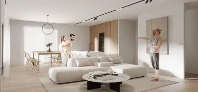 Oturma odası; ahşap zemin, doğal ışık, modern stil, yüksek tavan