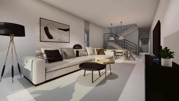 Salon; parquet, lumière naturelle, style moderne, hauteur sous plafond