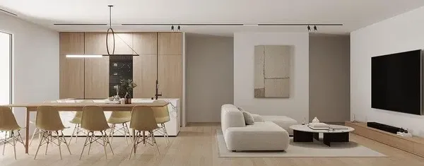 Oturma odası; ahşap zemin, doğal ışık, modern stil, yüksek tavan