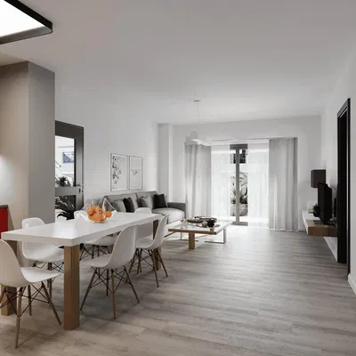 Salon; parquet, lumière naturelle, style moderne, hauteur sous plafond