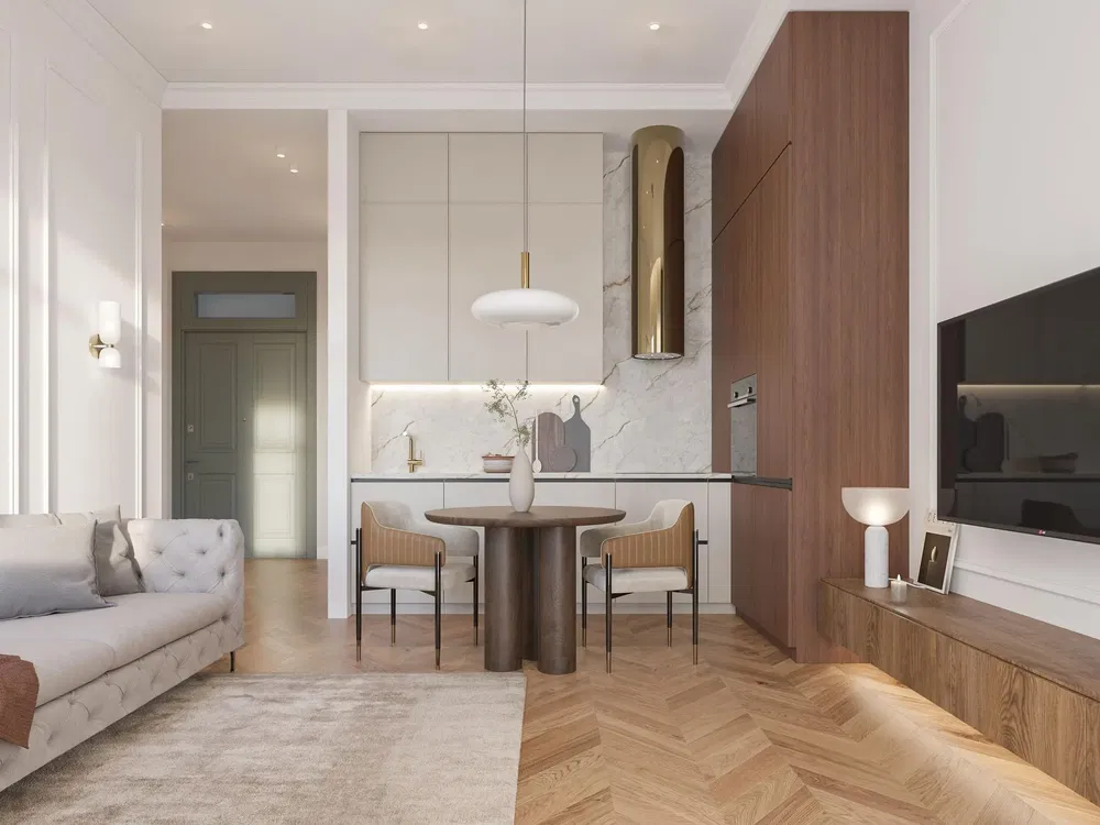 Soggiorno; pavimento in legno, luce naturale, stile moderno, soffitti alti